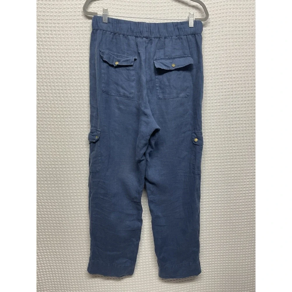C&C California Cargo Pants Womens Large Blue‎ 100% Linen Pull On High
